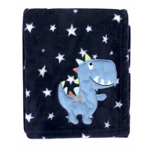 Baby Essentials Dinosaur Blanket Navy Blue White Stars Soft Plush Embroidered